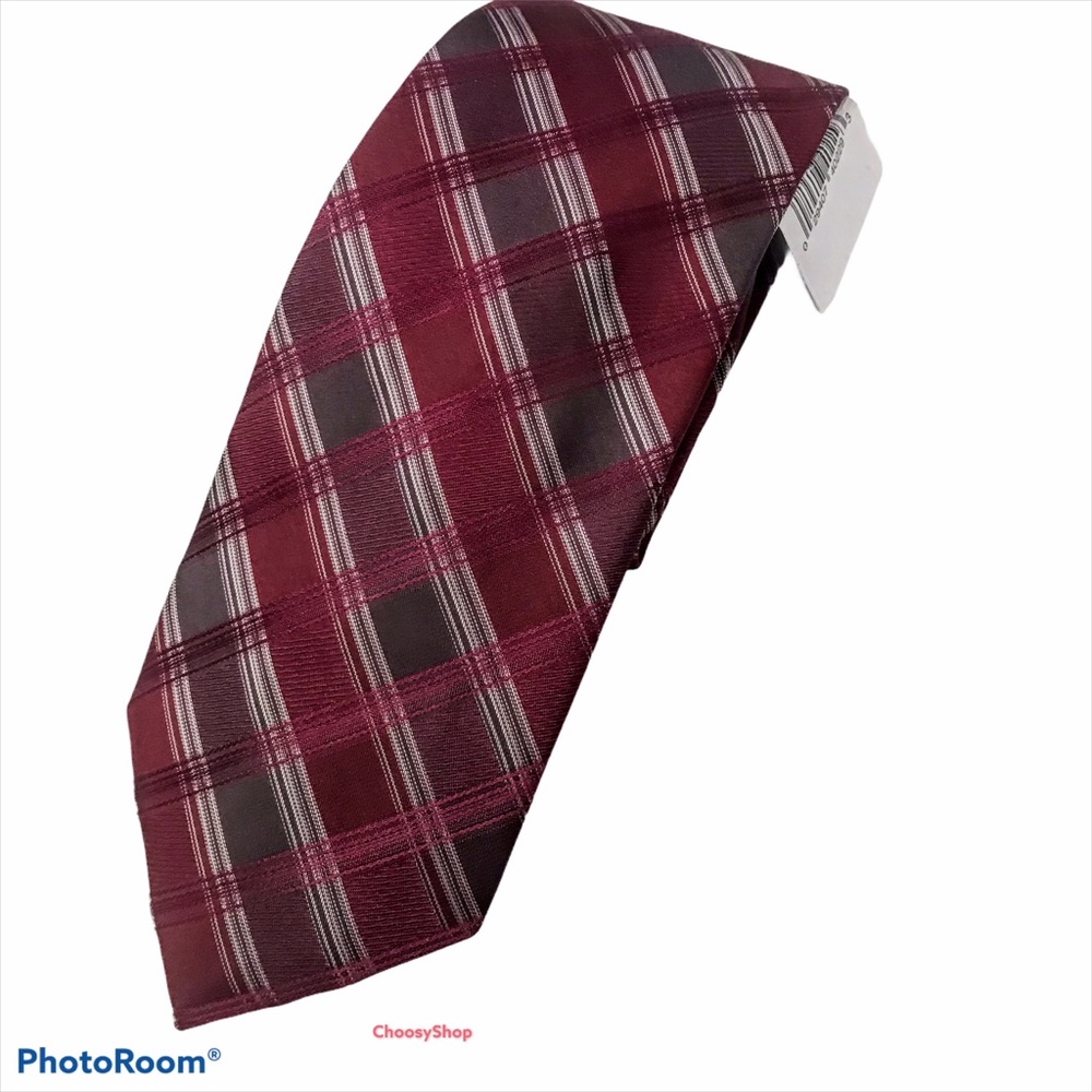 Silk Tie NWT Calvin Klein Red Dark Gray White Windowpane